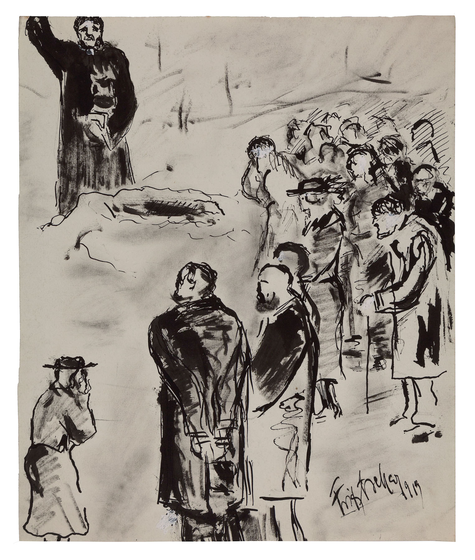 Fritz Ascher, Burial, 1919. White gouache over black ink on paper, 13.8 x 11.6 in. (35 x 29.5 cm). Signed and dated on lower right, "Fritz Ascher 1919". Private collection. Photo Malcolm Varon ©Bianca Stock