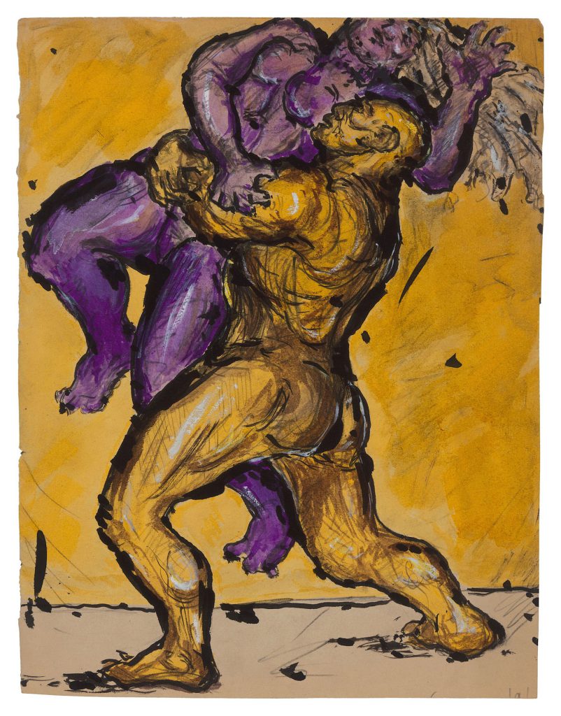 Male Nude Carrying Female Nude, c. 1916. White gouache, watercolor, black ink and graphite on paper, 15.6 x 12 in. (39.6 x 30.6 cm). Private collection. Photo Malcolm Varon ©Bianca Stock