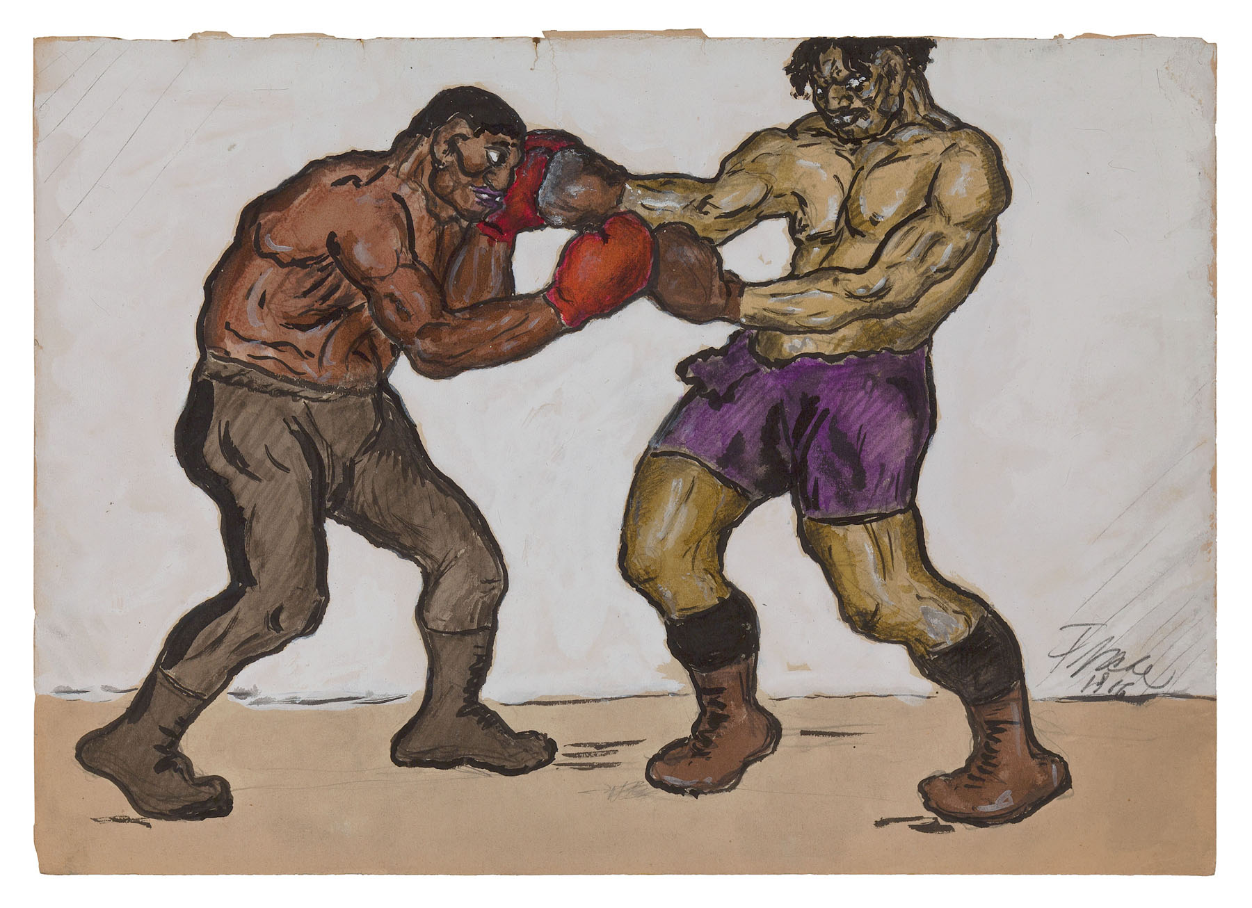 Two Men Boxing, 1916. White gouache, watercolour, black ink and graphite on paper, 12.2 x 17.1 in. (31 x 43.5 cm). Private collection. Photo Malcolm Varon ©Bianca Stock